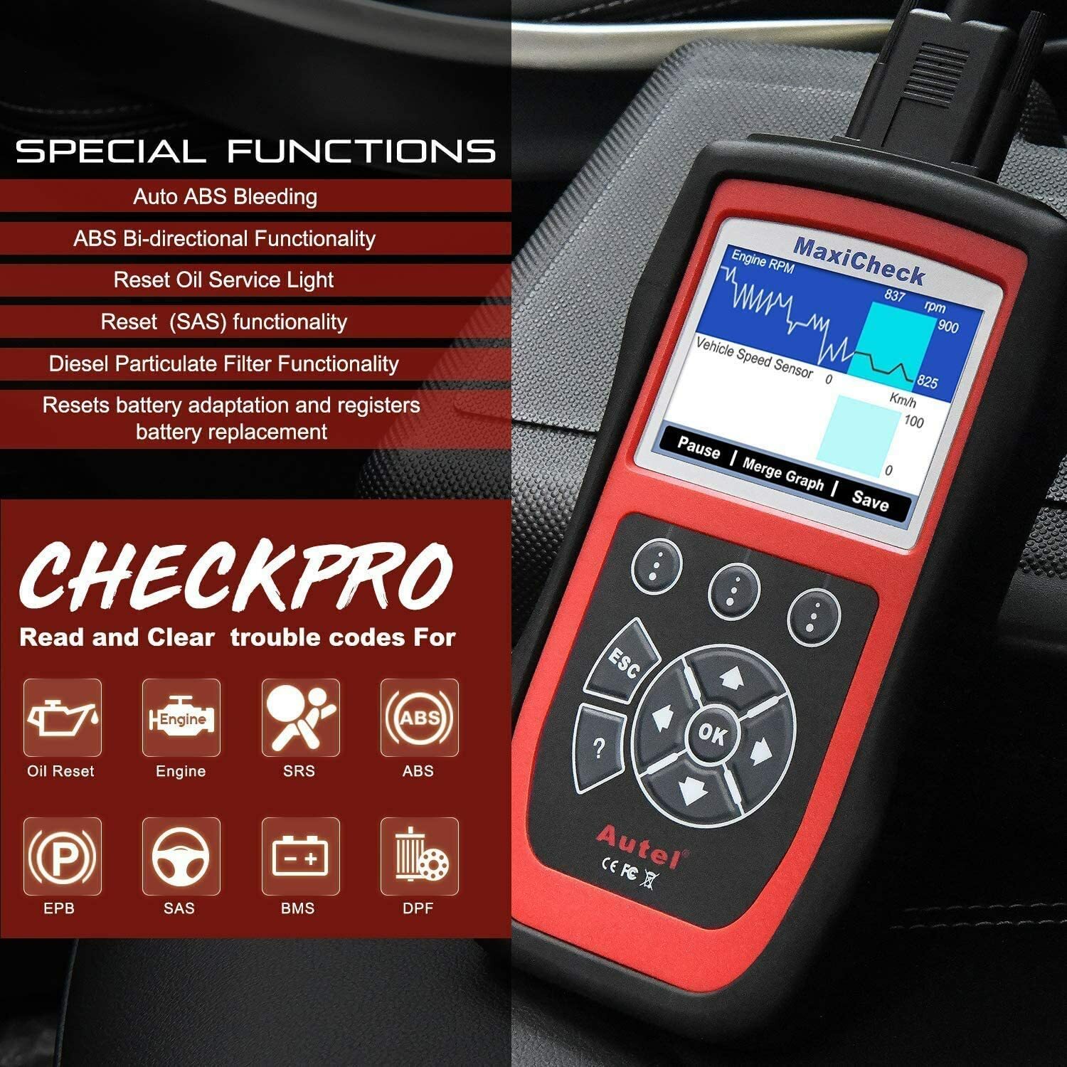 Autel MaxiCheck Pro Auto Bleed Tool for ABS Brake Bleeding, SRS, BMS, DPF, EPB