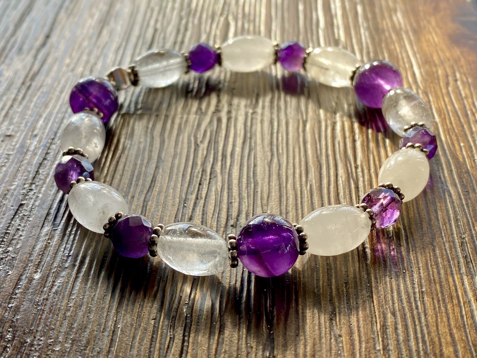 7” 10-12mm Clear/white Quartz W/Round Amethyst Stones Handmade Bracelet