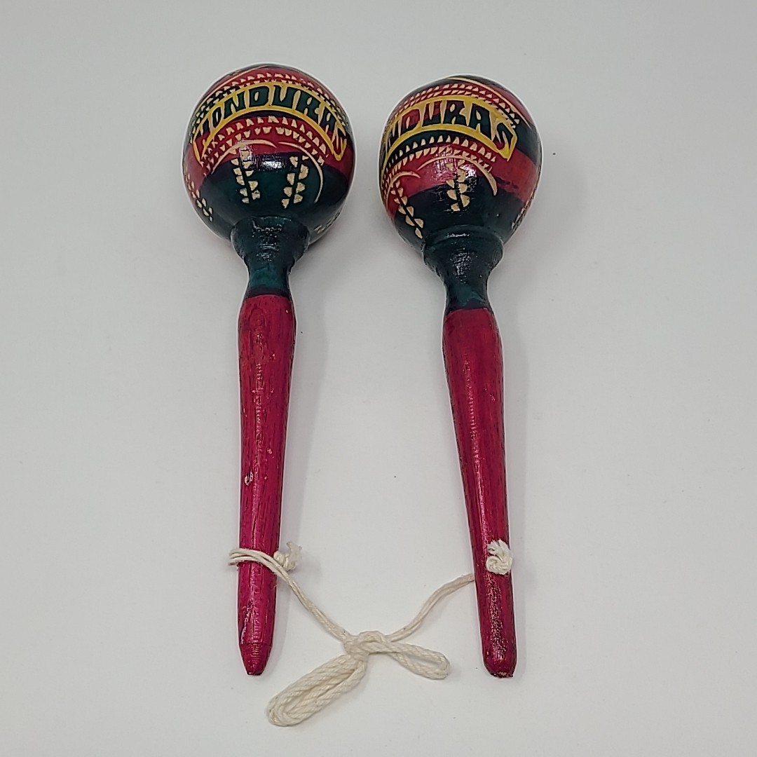 2 Honduras Gourd Shakers Maraca Musical Handmade Carved Painted Souvenir