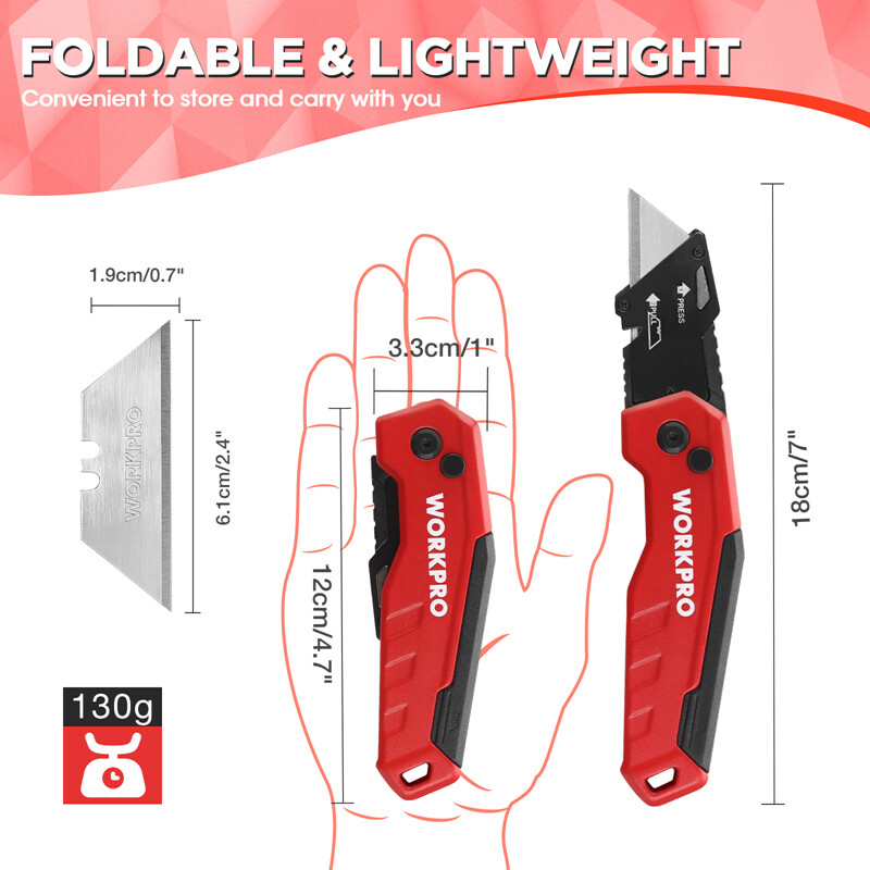 WORKPRO Folding Utility Knife Quick Change Box Cutter w/13PC Blade Red/Blue/Pink