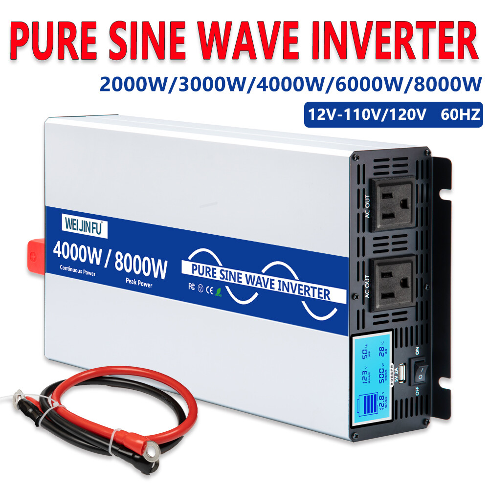 Pure Sine Wave 12V to 110V 120V 4000W 8000W Power Inverter Converter LCD USB RV