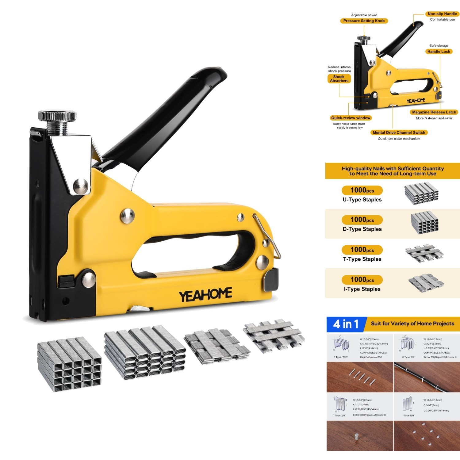 Heavy Duty 4-in-1 Staple Gun Kit with 4000 Staples Brad Nailer Manual Upholstery