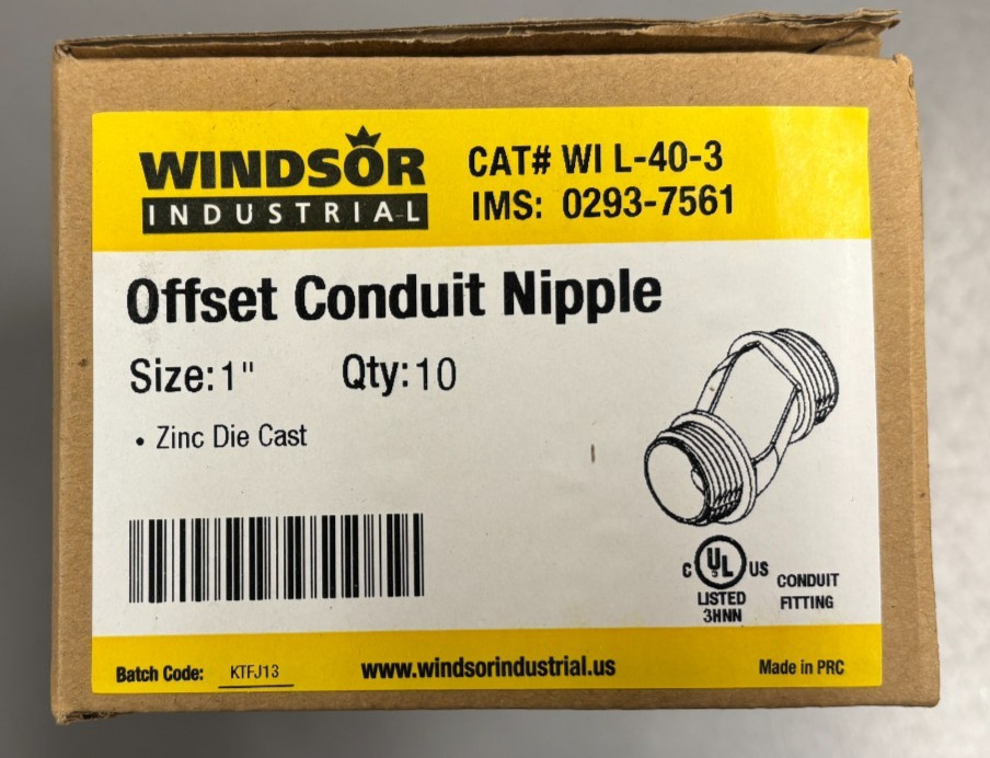 WINDSOR WI L-40-3 , 1" ZINC OFFSET CONDUIT NIPPLE , NEW BOX OF 10
