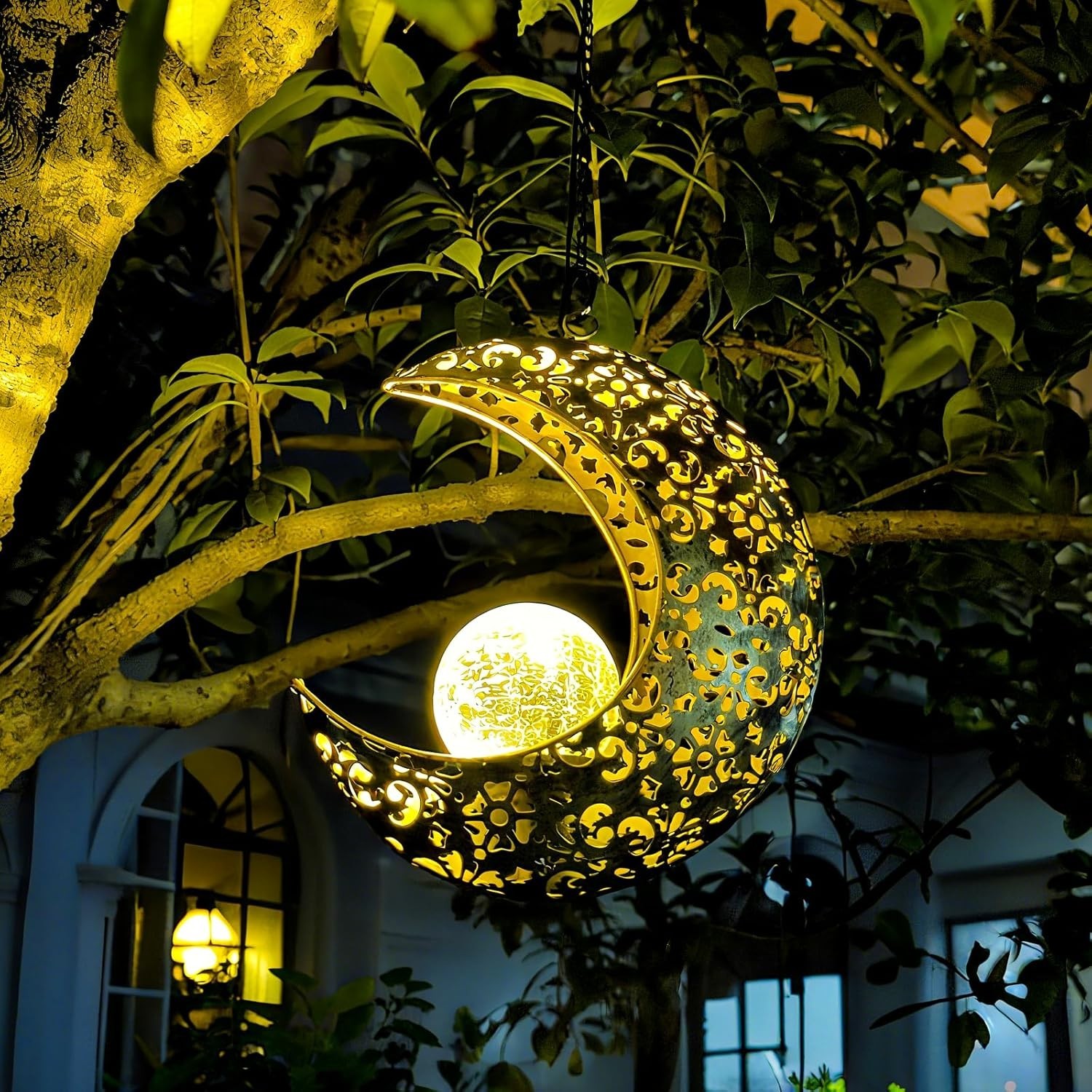 Solar Garden Hanging Moon Lights Outdoor Decor,Metal Lanterns Art Decorations...