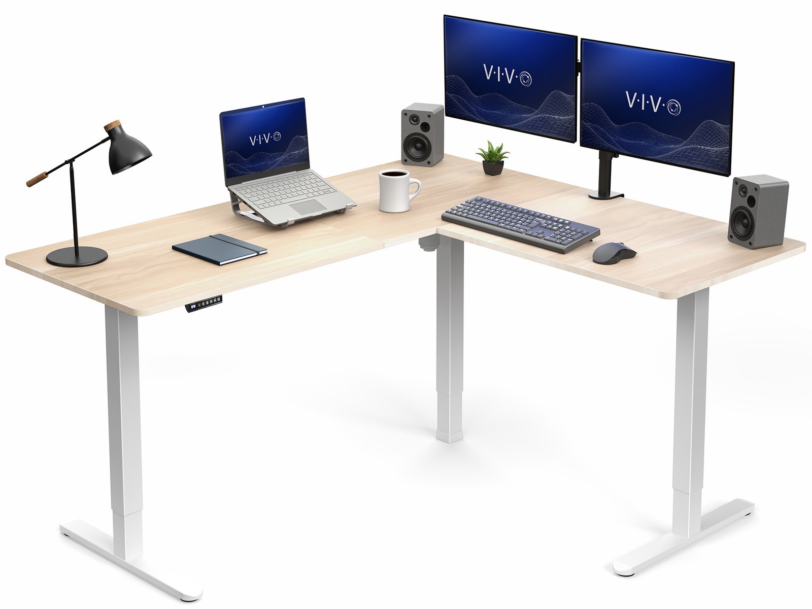 VIVO Light Wood / White Electric 63" x 55" Corner Desk, L-Shaped Workstation