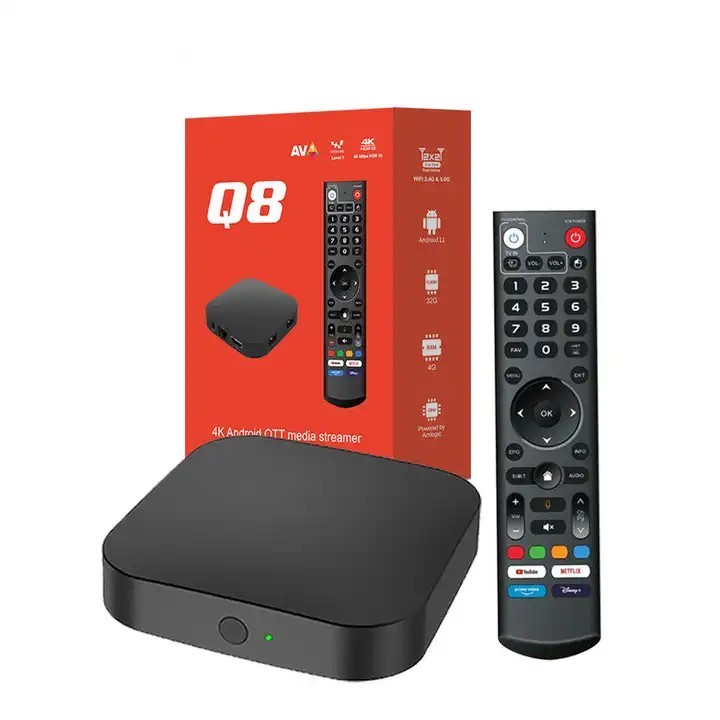 Q8 4K OTT TV Streamer Android 11 4GB/32GB WiFi 2.4 G & 5G-Live Tv,Sports;Movies.