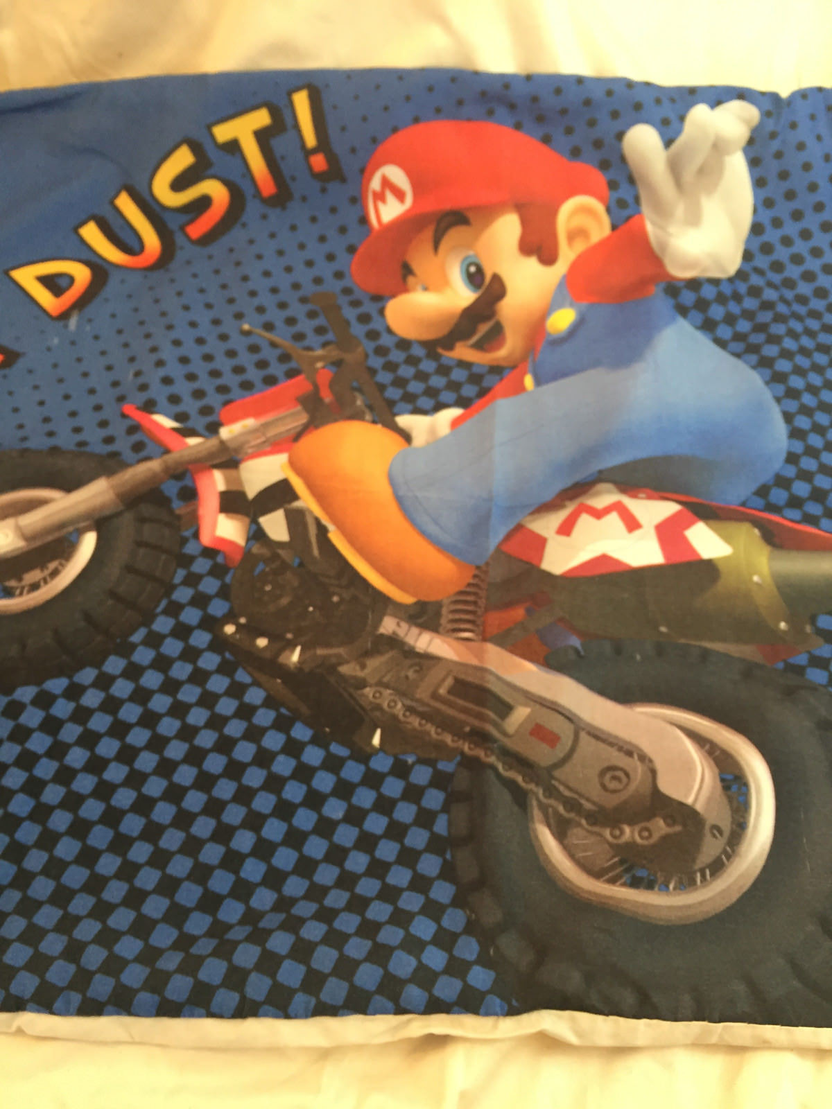vtg Nintendo Mario Kart Wii Blue Standard Pillow Case Eat My Dust Dirt Bike