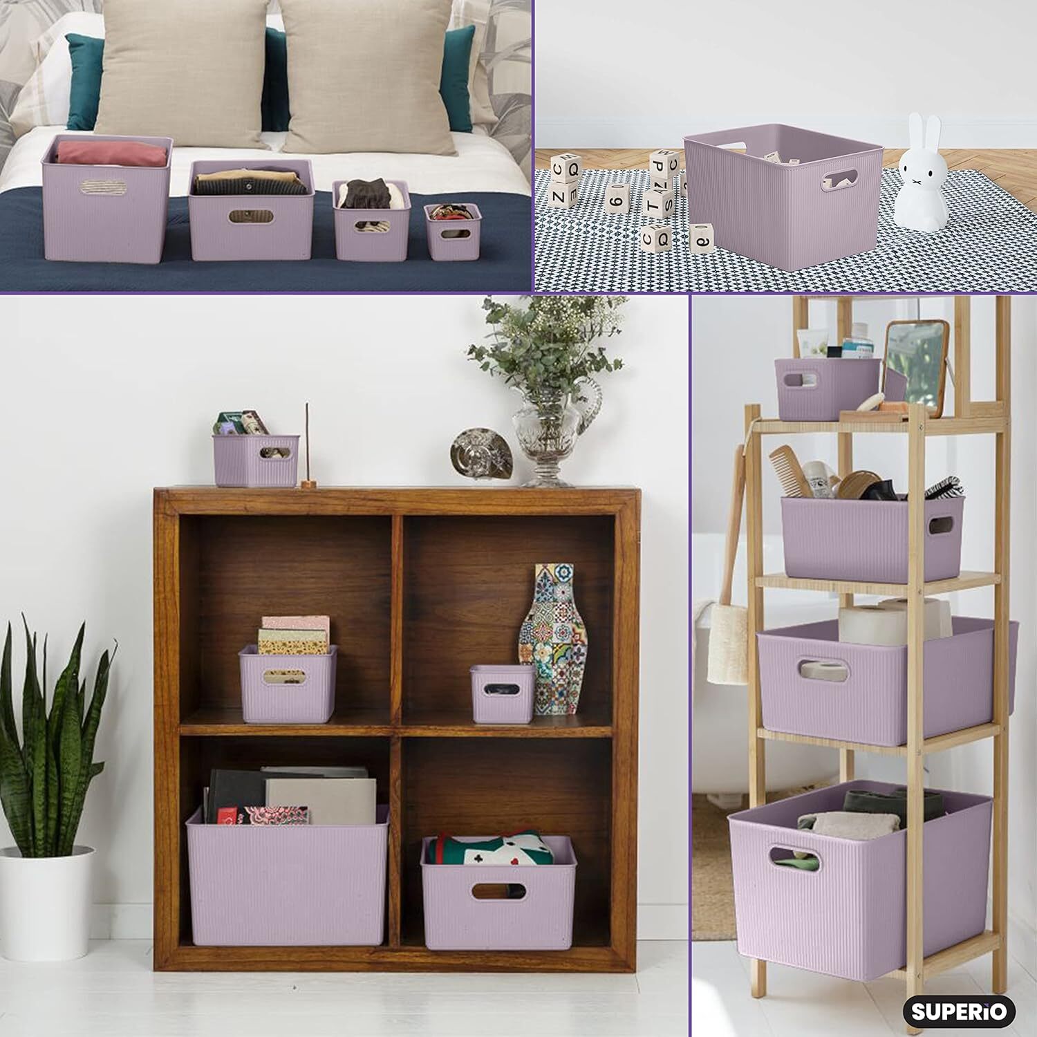 Superio 22L Large Ribbed Storage Bin- Plastic Storage Bin (8 Pack, Lilac)