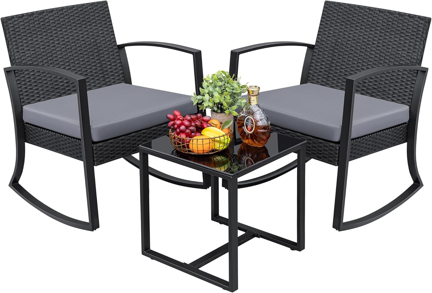 3 Pieces Outdoor Furniture Set Patio Bistro Rocking Chairs with Glass Coffee Tab