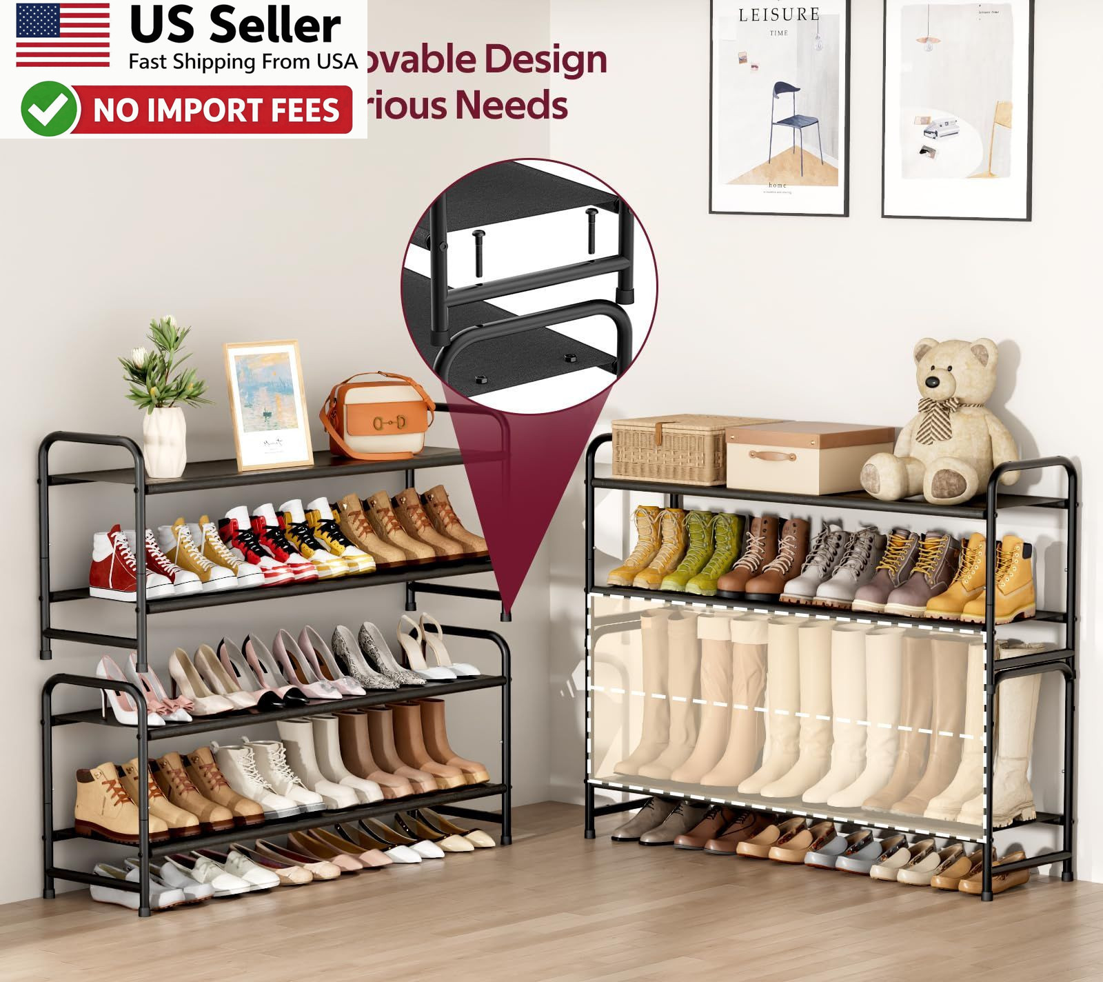 SLEEPING LAMB 2-Tier Long Shoe Organizer Stackable 18-Pairs Rack Black FROM USA
