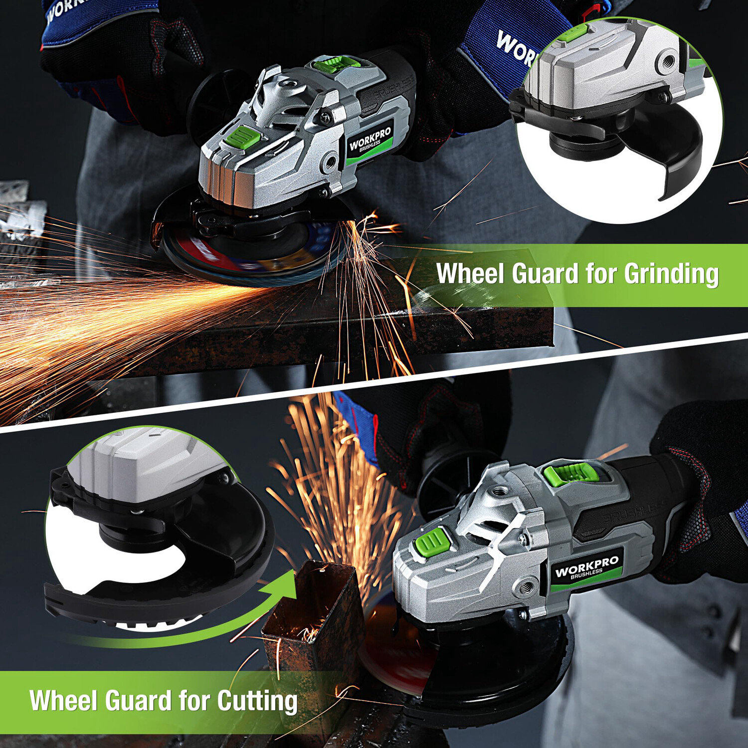 WORKPRO 20V Brushless Motor Cordless Angle Grinder Kits 4-1/2" Disc 4.0A Battery