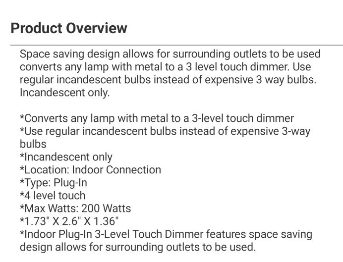 Plug-In Touch 3-Level Touch Lamp Dimmer #6004BC Touch Control