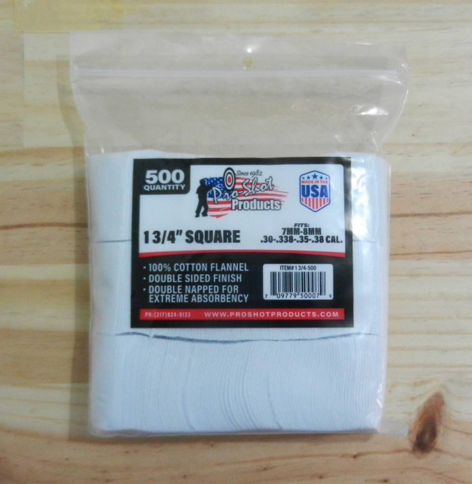 Pro-Shot, Pro Shot Cotton, 500 Patches;  7mm-8mm,  30-38 cal;  1.75" x 1.75"