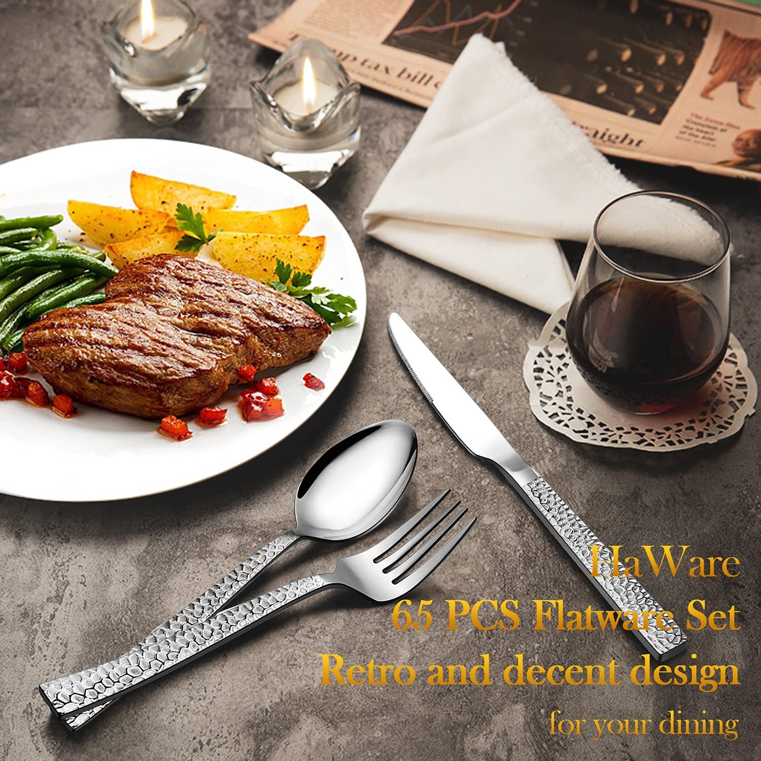 65-Piece Hammered Flatware Serving Set, Stainless Steel Silverware Cutlery Se...