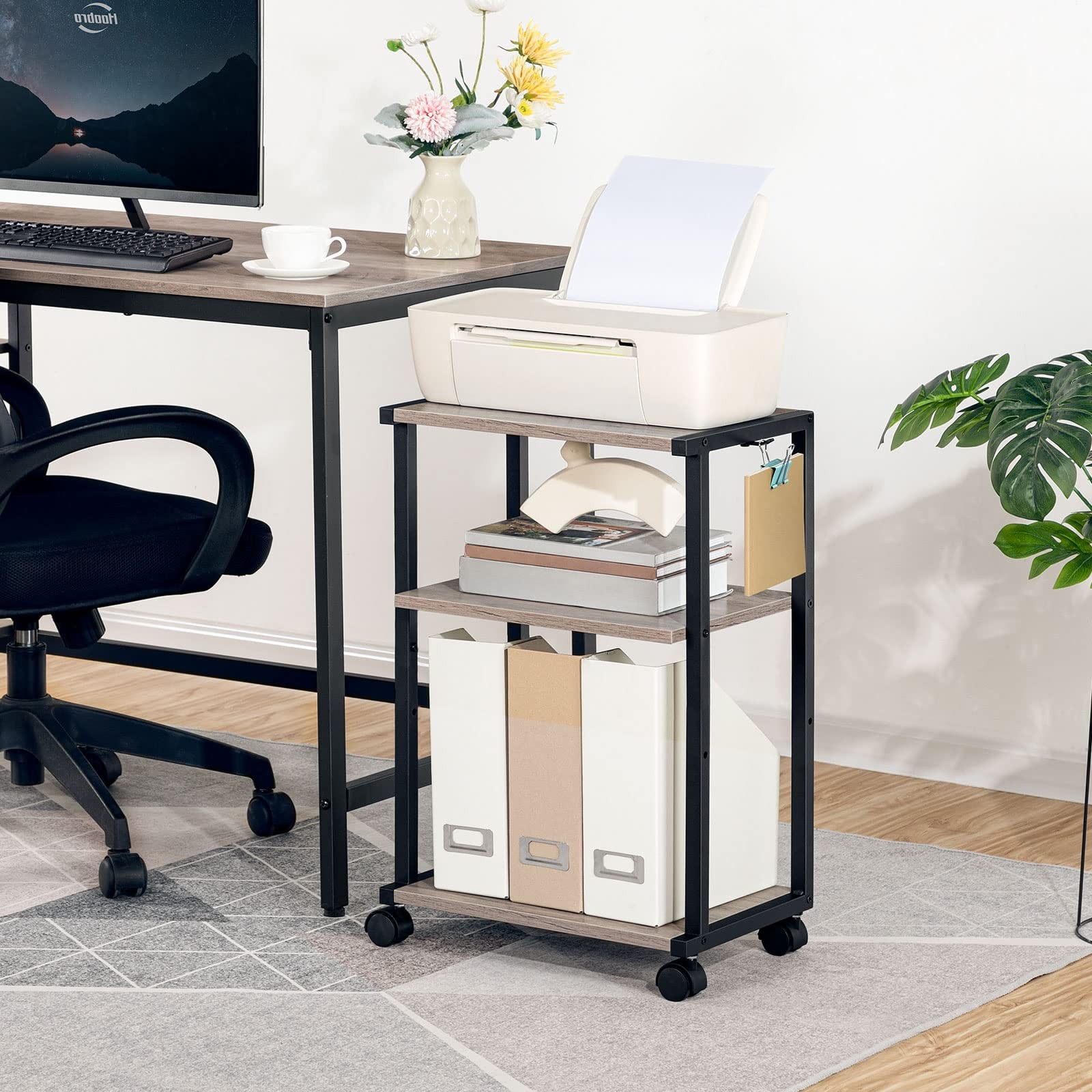 BG28PS01N1 3Tier Industrial Adjustable Mobile Rolling Printer Stand Cart Table