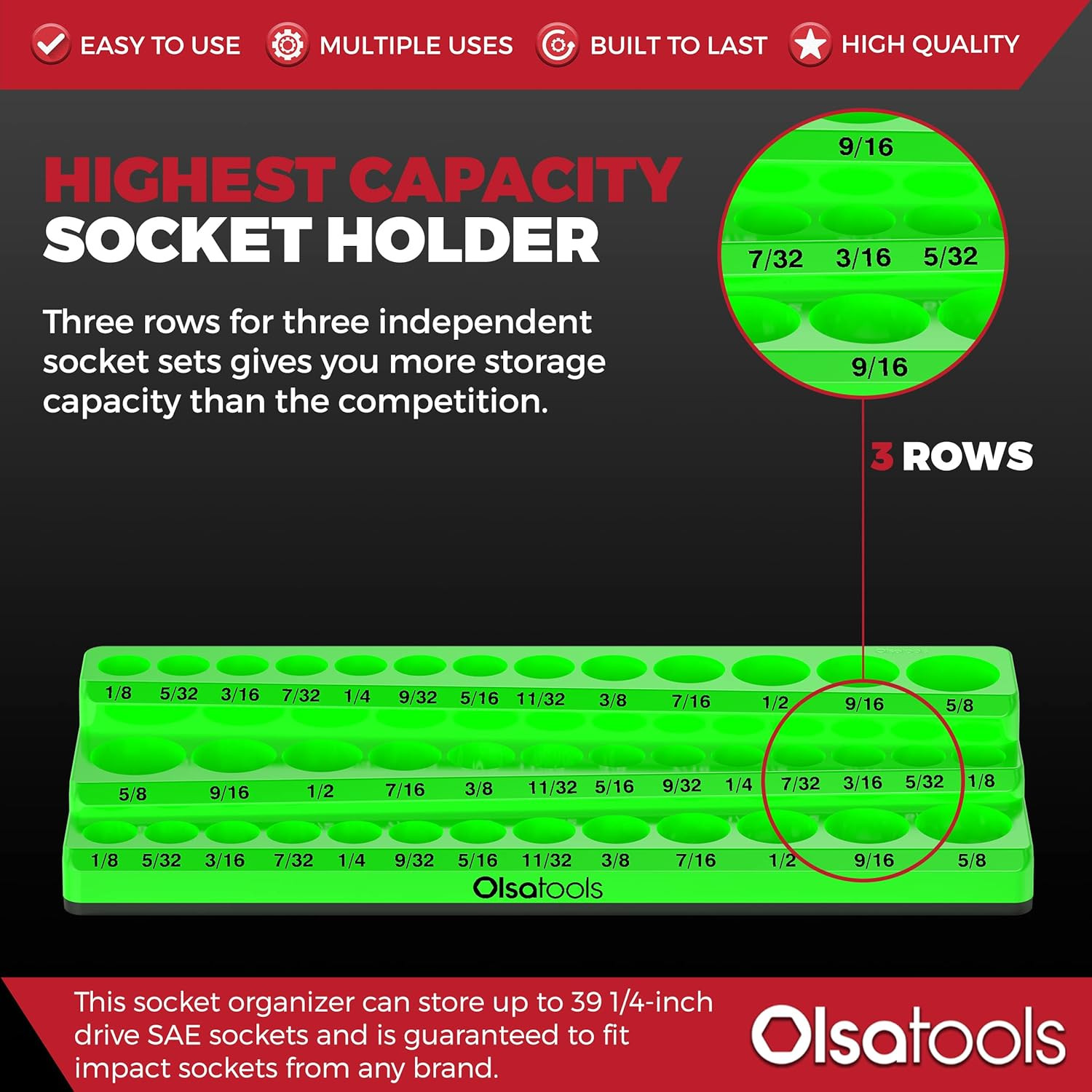 Magnetic Socket Organizer - 3 Rows, 1/4" Drive, SAE