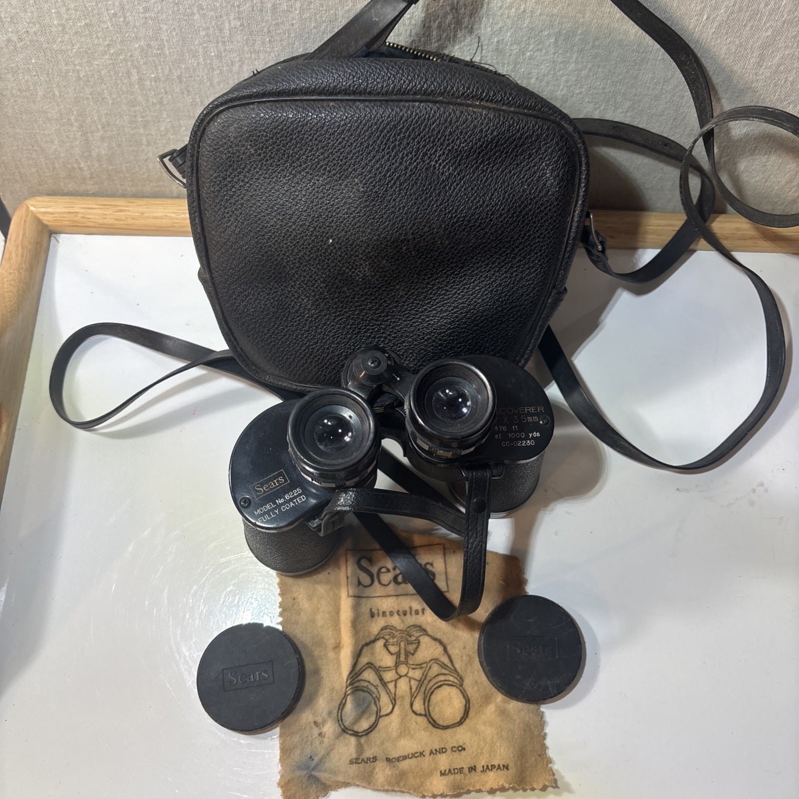 Vintage Binoculars Sears Model 6225 Black w/ Case Lids Cloth Work Great 7x35mm