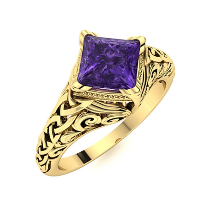 Natural Amethyst 925 Sterling Silver Art Deco Prong Solitaire Boho Ring