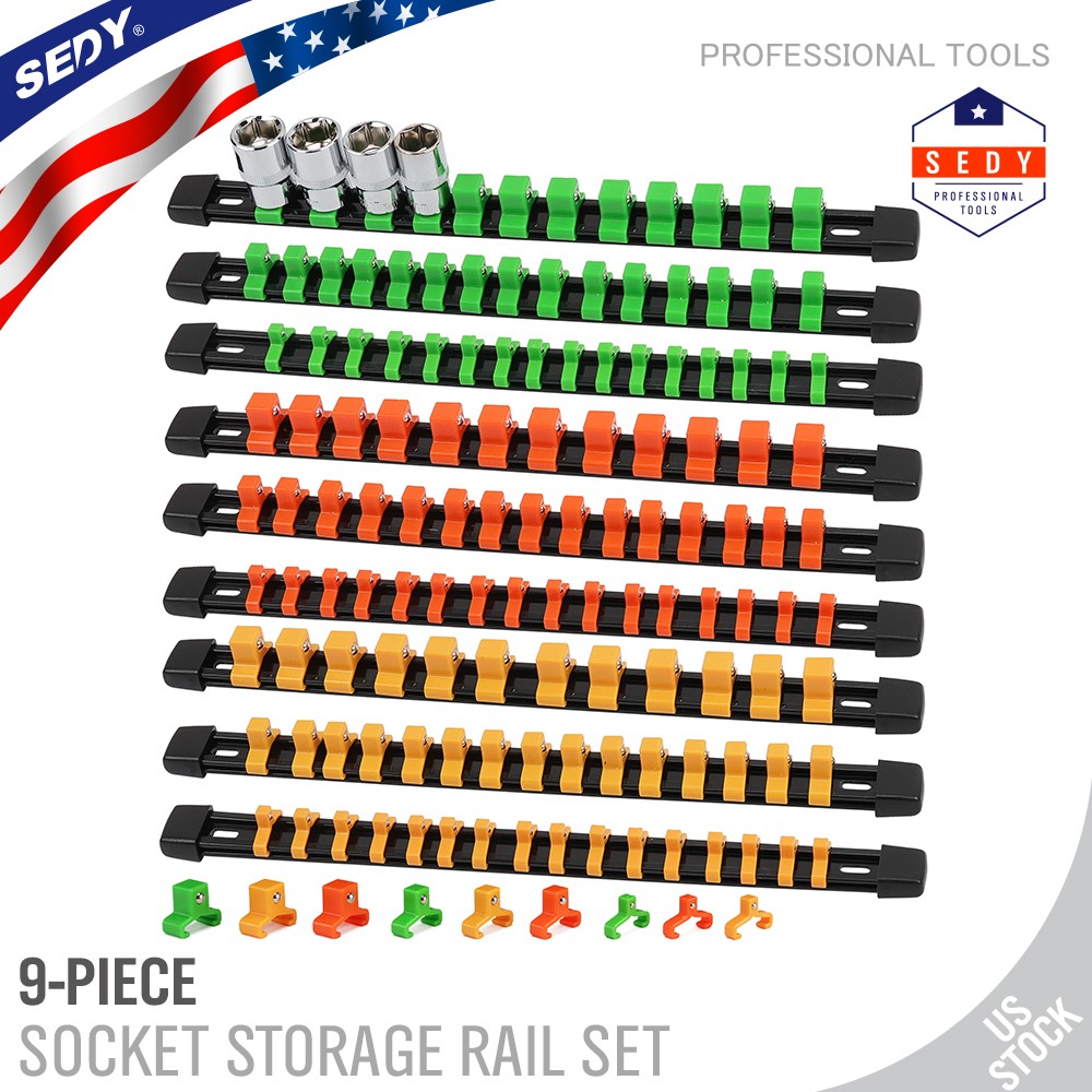 9PC Socket Organizer Holder Tool Storage Rail Rack 1/4" 3/8" 1/2" Industrial 14"