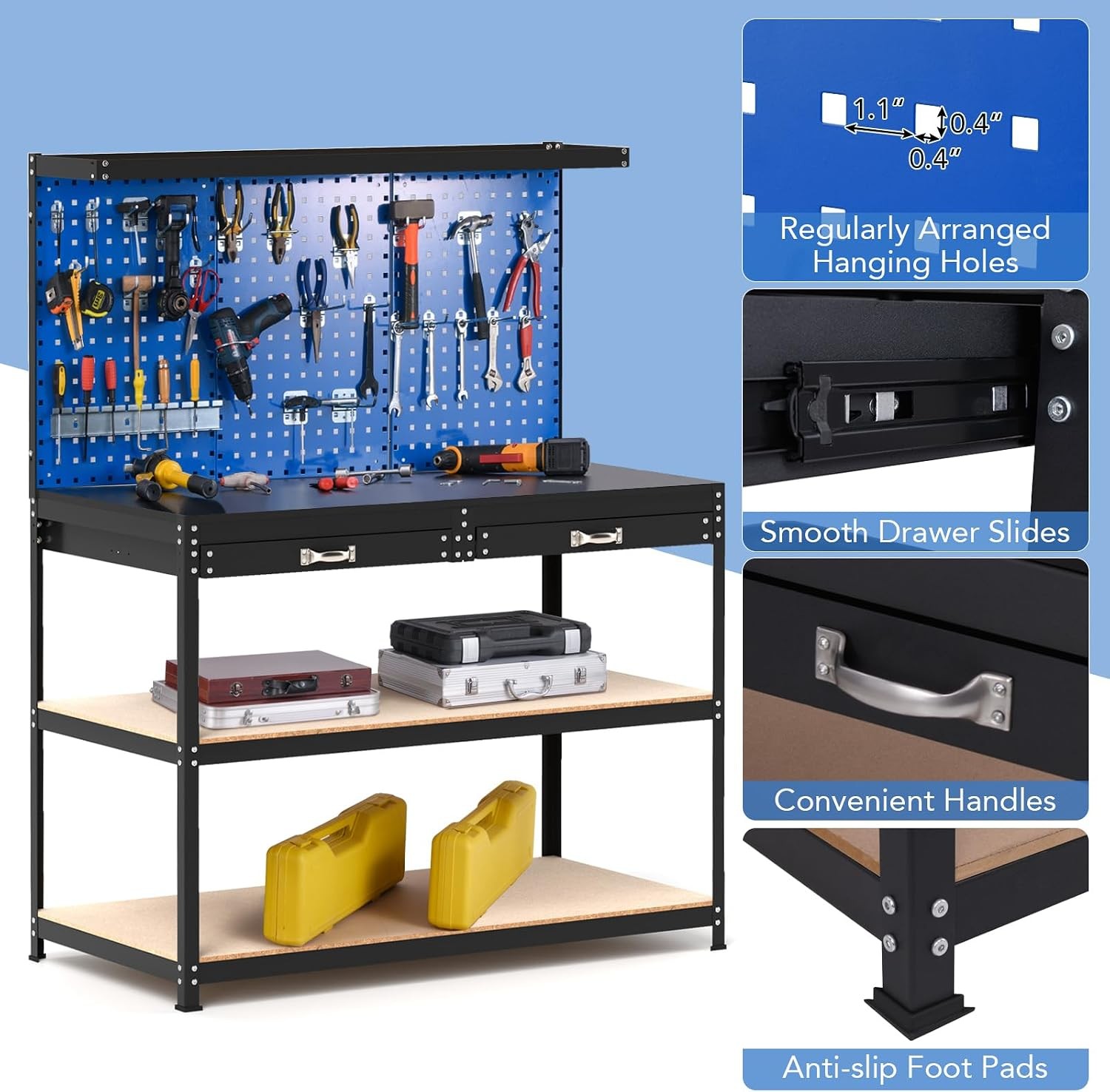 Workbench with Pegboard 48" x 24" Work Table with Drawers Open Shelves