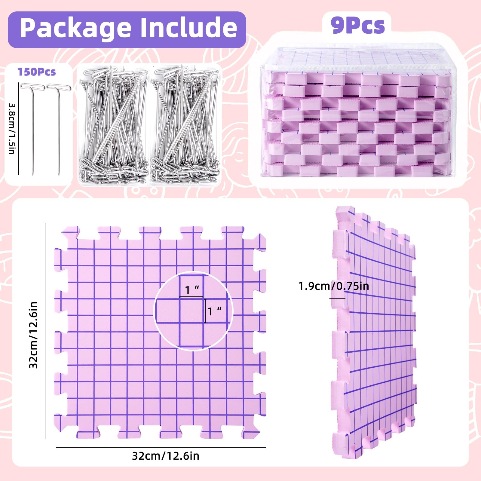 Knitting Blocking Mats and Pins, Interlocking Blocking Boards for Crochet Pro...