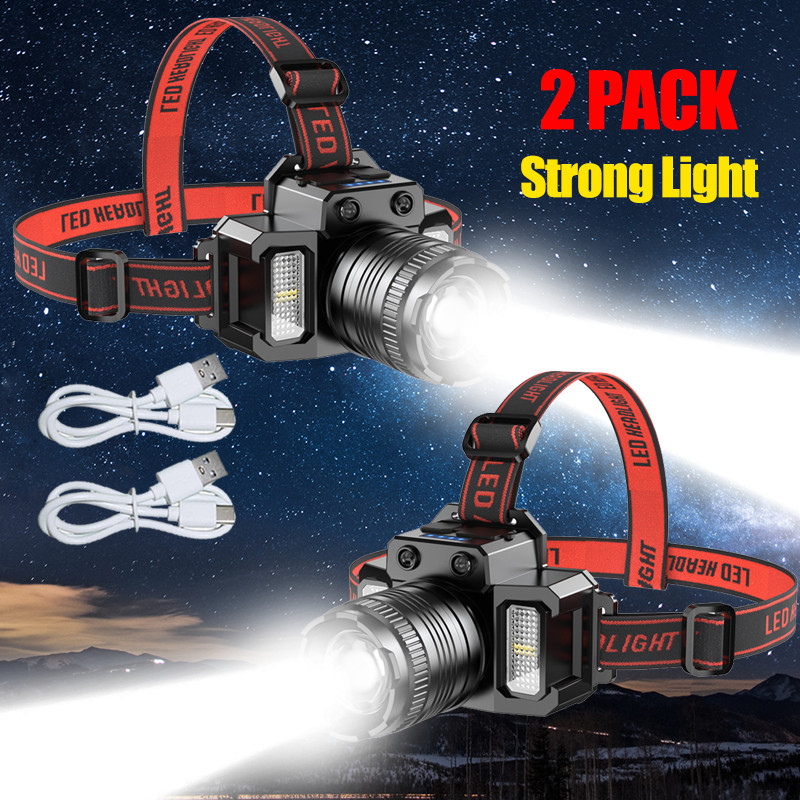 2PCS 25000LM LED Headlamp Rechargeable Headlight Zoomable  Torch Lamp Flashlight