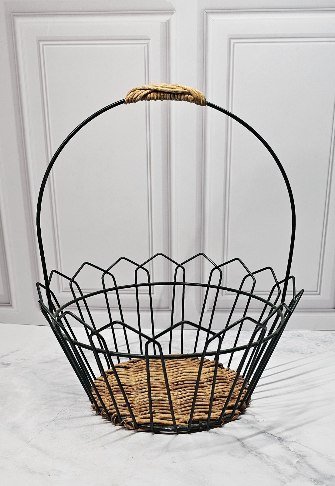 Vintage Wicker And Wire Round Basket With Handle