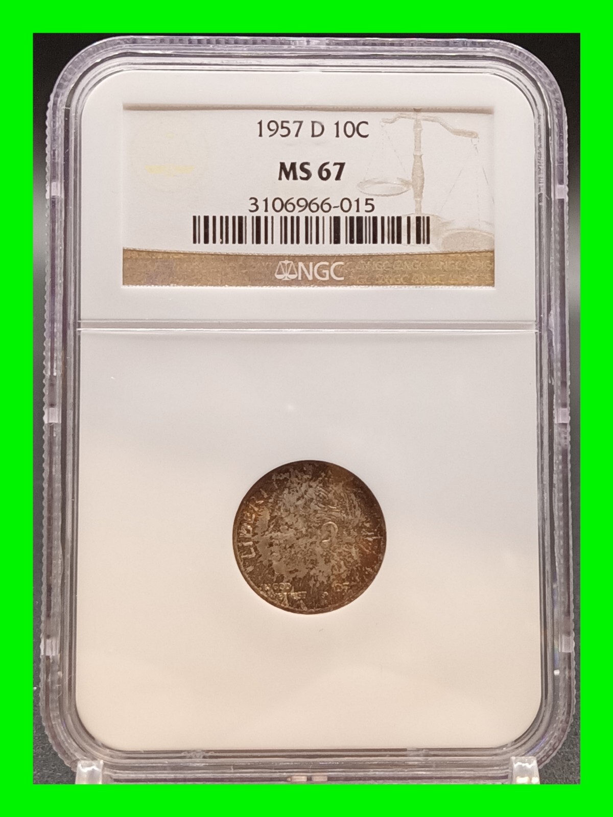 Uniquely Toned 1957 D Roosevelt Dime 10c - NGC MS 67 - UNC - Uncirculated
