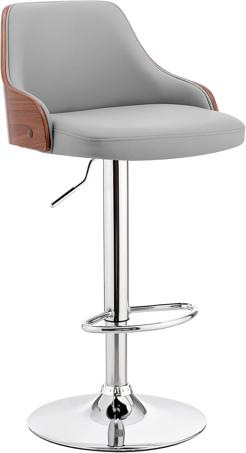 Modern Adjustable Gray Faux Leather Bar Stool with Walnut Wood Base