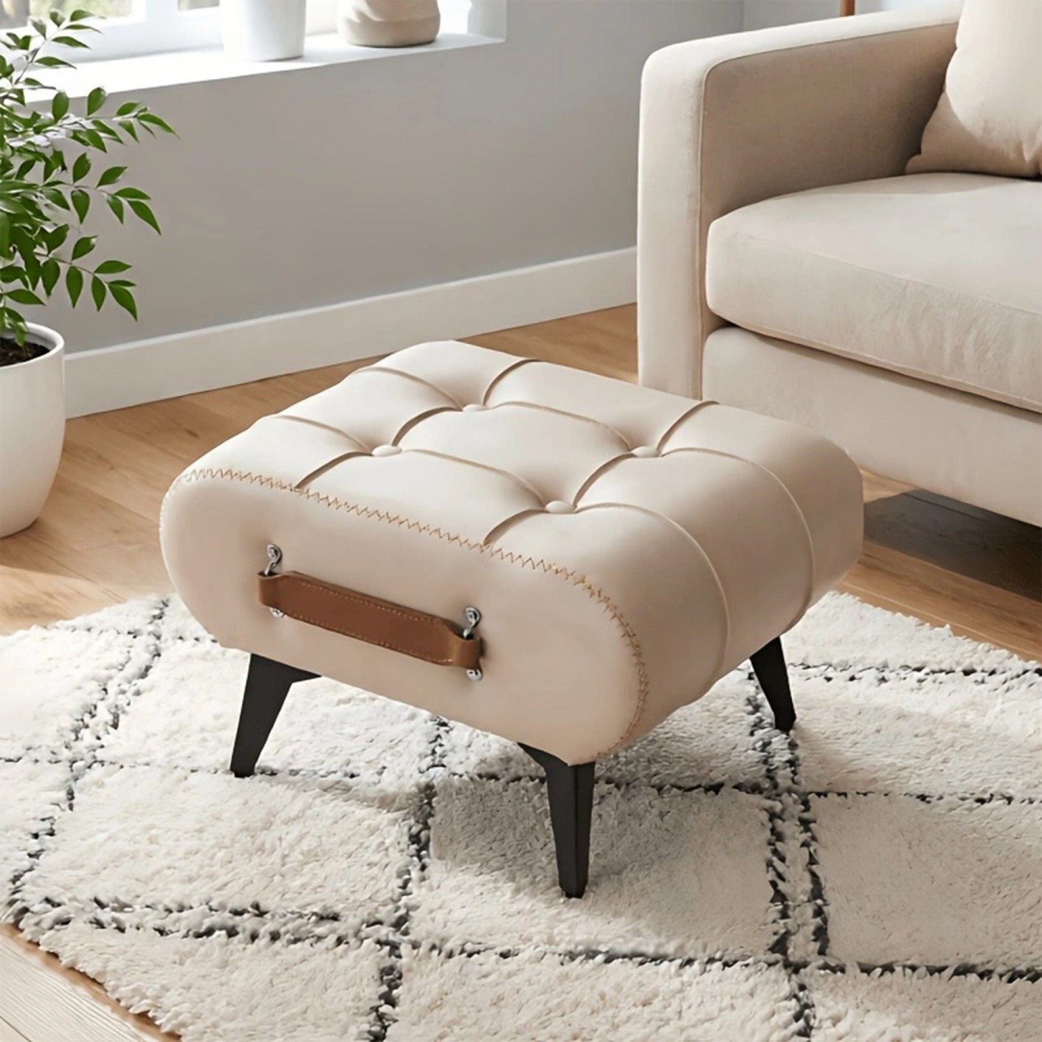 PU Leather Upholstered Ottoman w/ Portable Handles & Metal Legs & Hidden Storage
