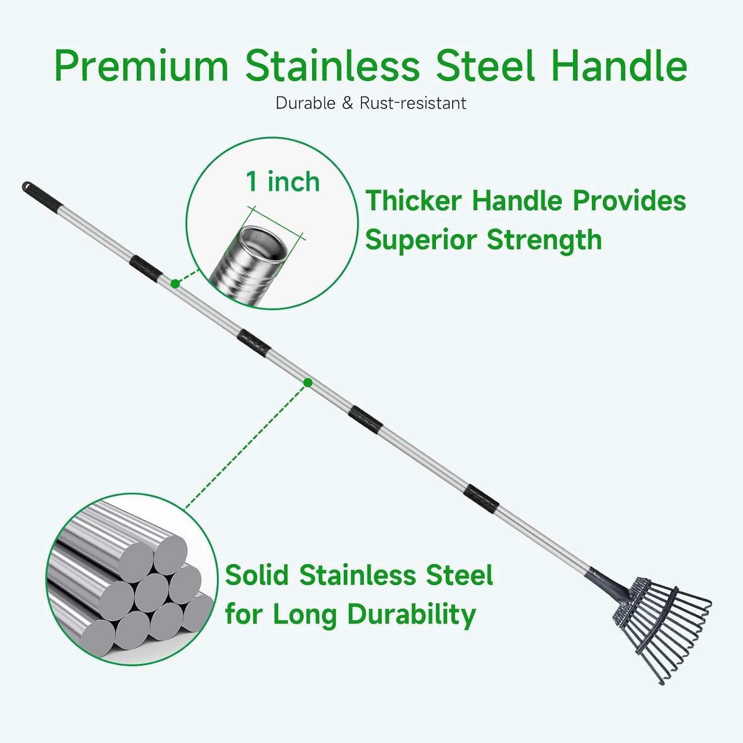 Adjustable Leaf Rake 8" Metal Garden Rake 29"-72" Extendable Handle