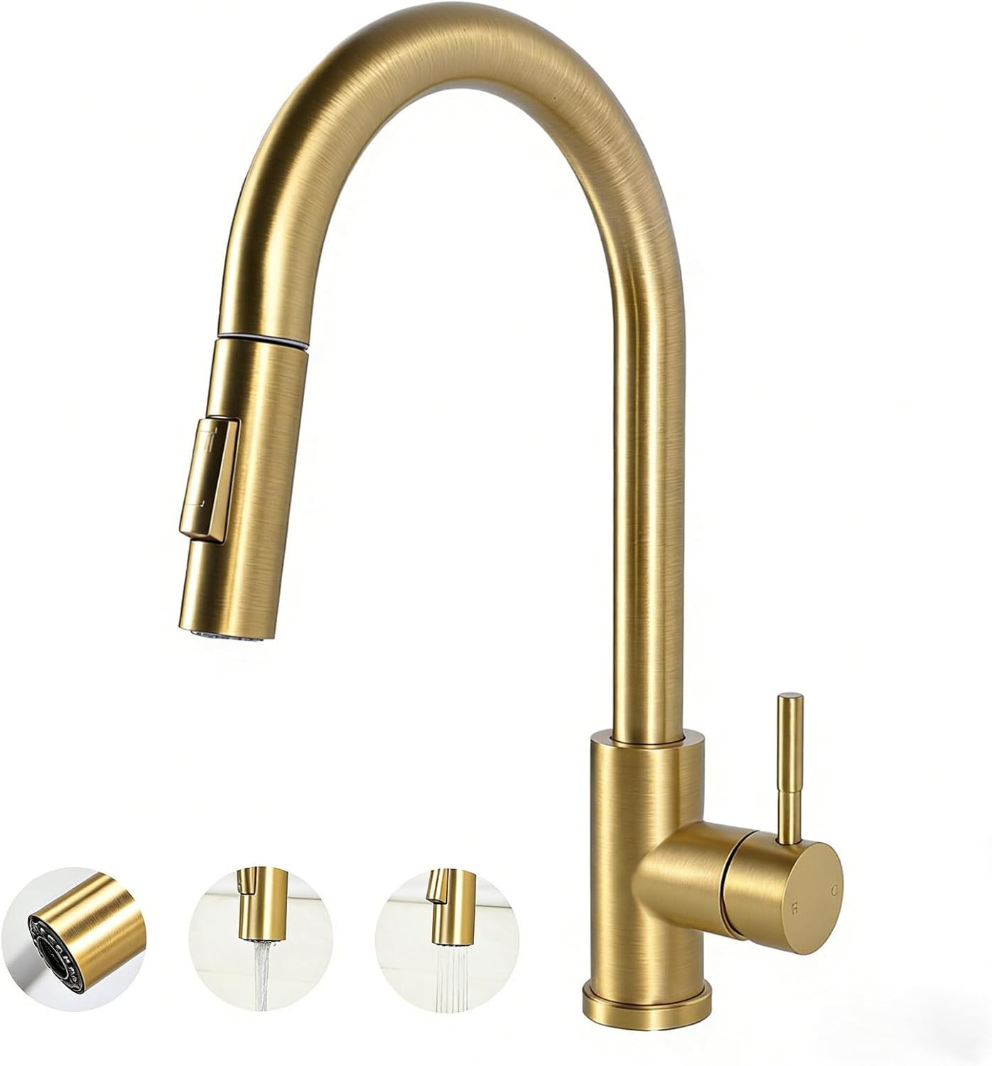 Hotis Gold Kitchen Faucet W/ Pull Down Sprayer High Arc Stainless Steel Sink