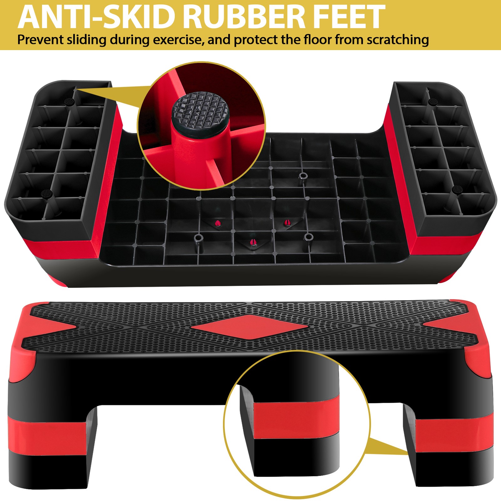 Aerobic Step Platform w/Adjustable 3-Level Risers Non-Slip Exercise Stepper Red