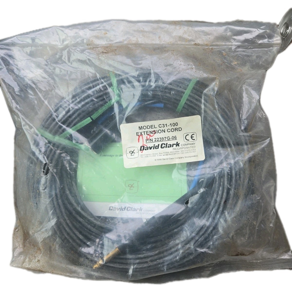 David Clark P/N 22397G Model C31-100 Jumper Cord Assembly New