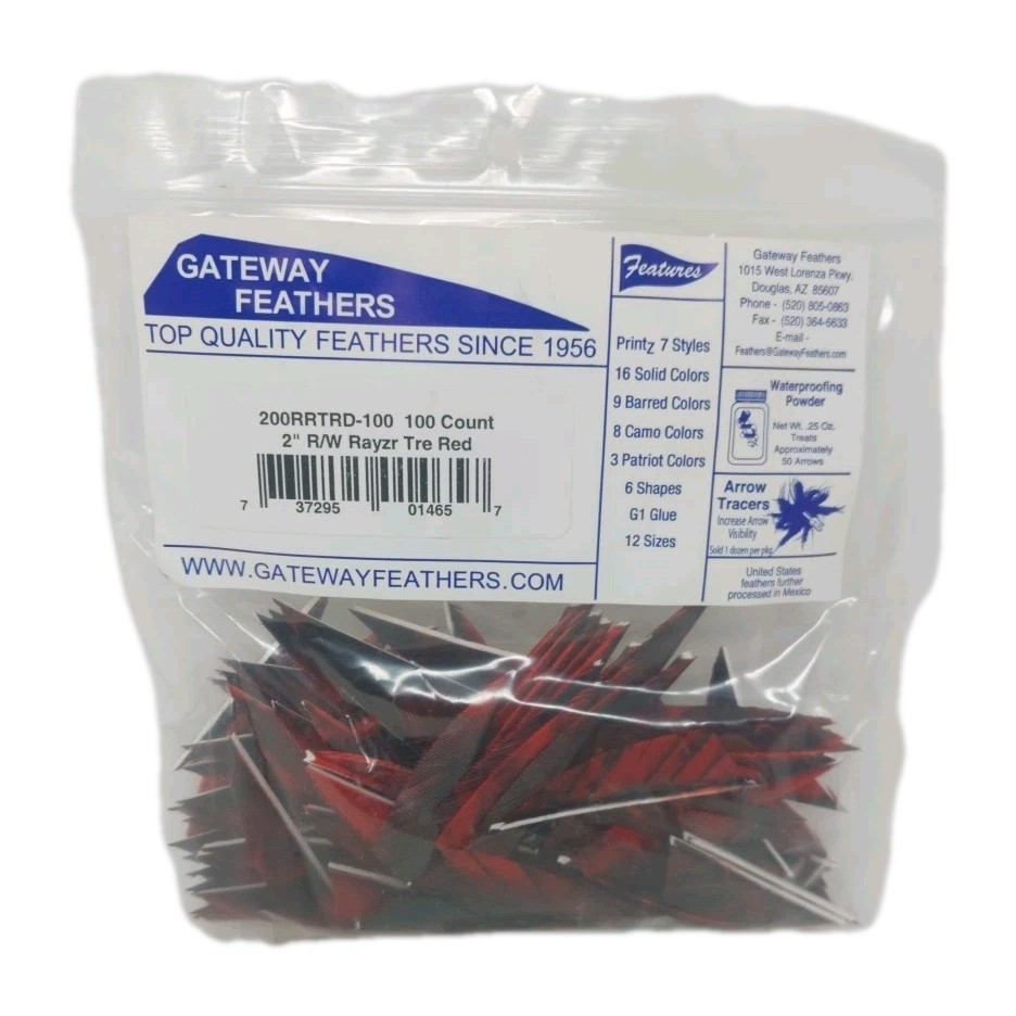 100 Pack Gateway Feathers 2" Right Wing: Rayzr Camo Tre Red 200RRTRD-100