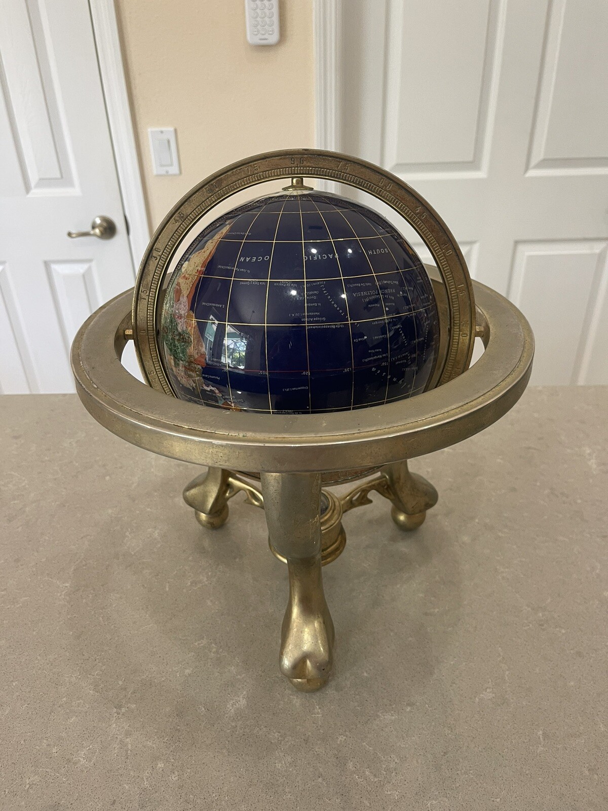 World Globe Semi-Precious Inlaid Stone Blue Lapis Cobalt Brass Stand & Compass