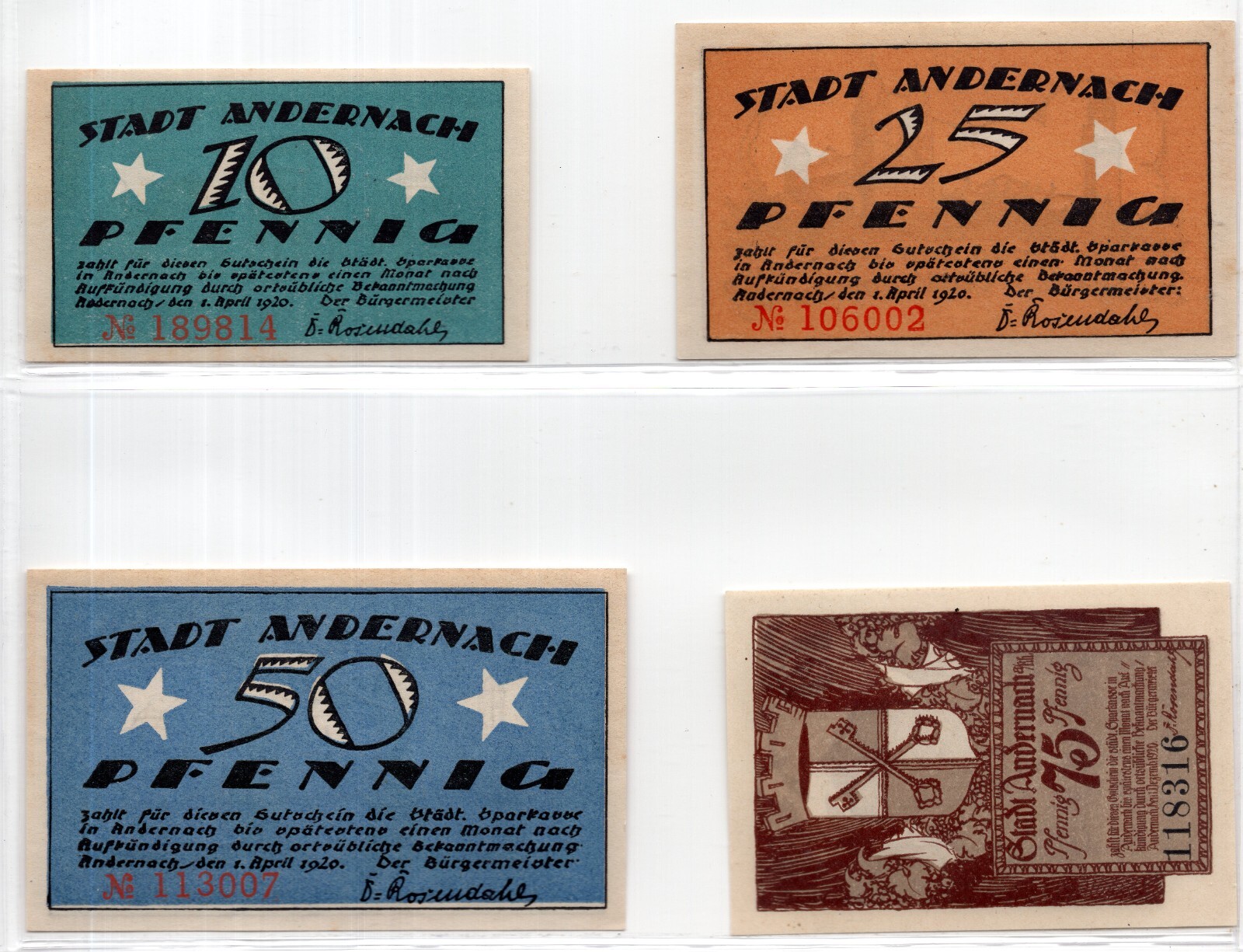 1920 Germany Andernach Notgeld Set of 4 Notes (NG1244)