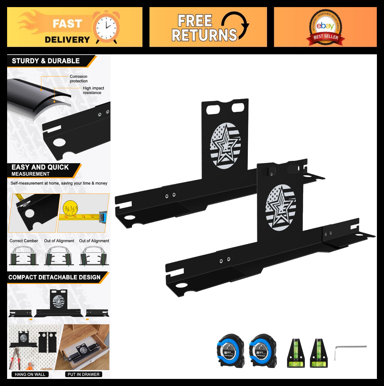 Heavy-Duty Wheel Alignment Tool Kit with Tape Measure, No Caliper Removal, Fits