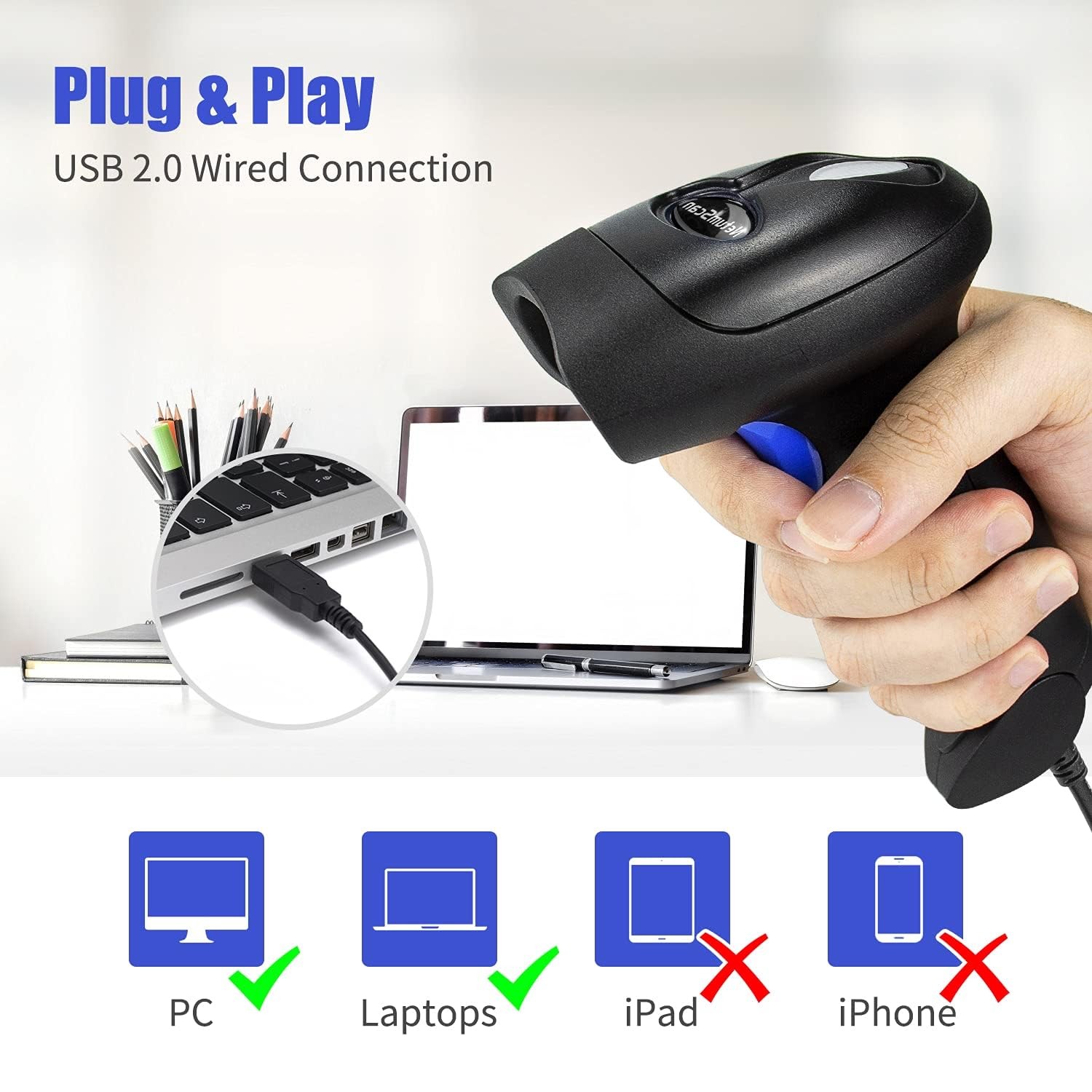 USB 1D Barcode Scanner, Handheld Wired CCD Barcode Reader Supports Screen Sca...