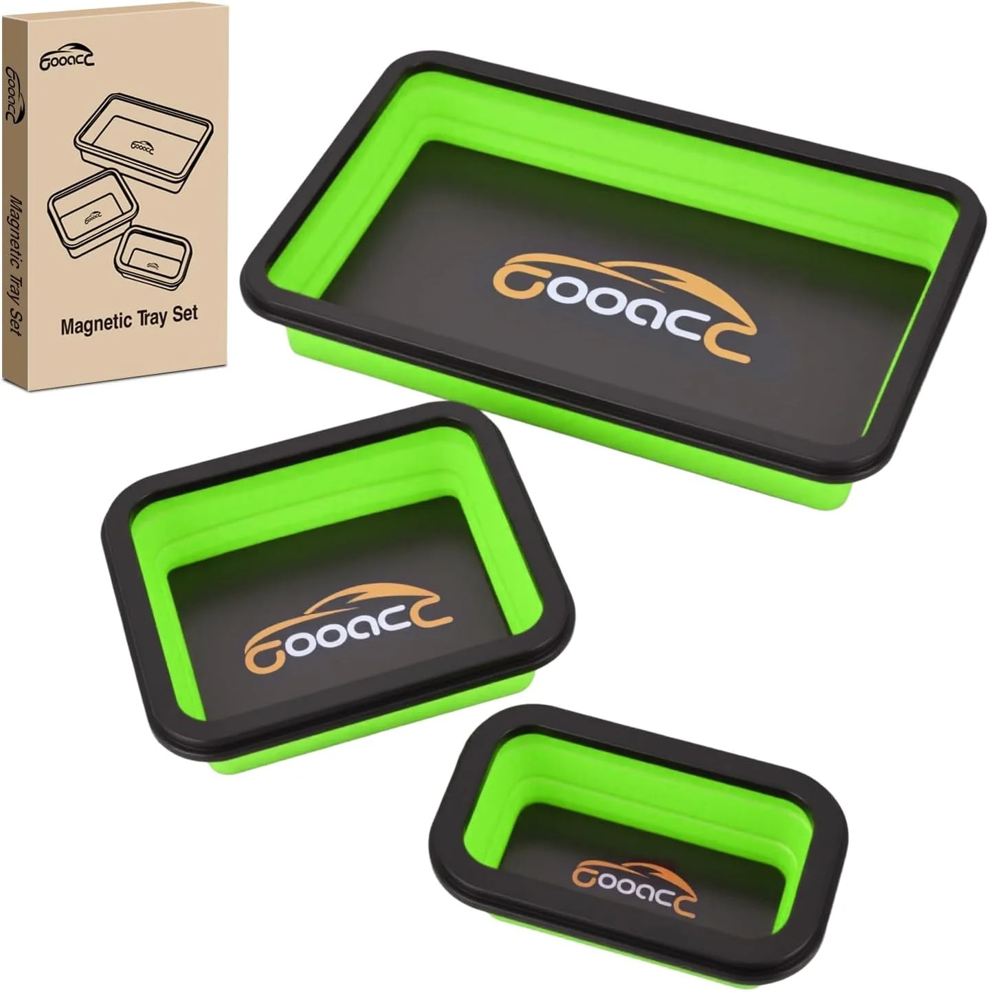 3 Sizes Collapsible Magnetic Parts Tray Set Green | Double-Sided Magnetic Trays