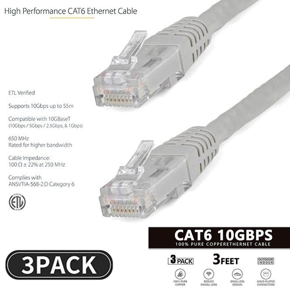 3 Pack Cat 6 CAT6 Patch Cord Cable 650mhz Ethernet Internet Network LAN RJ45 UTP