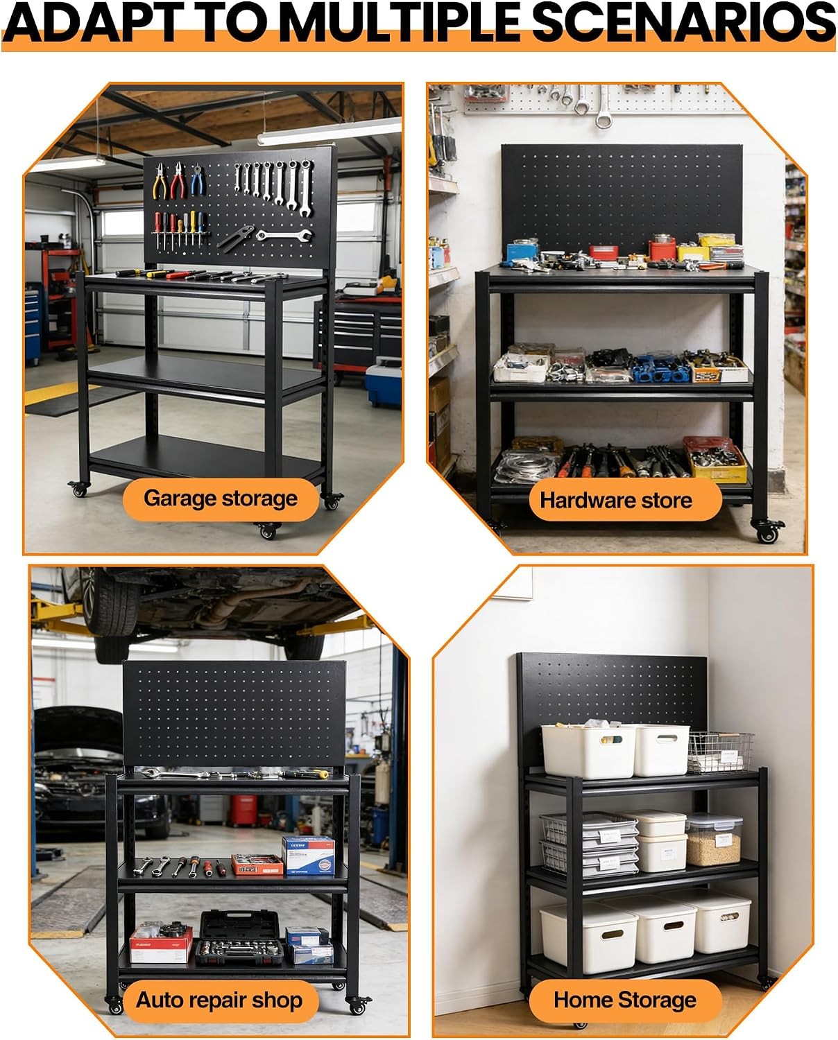 52" Rolling Work Table, Adjustable Height Workbench with Lockable Wheels, Pegboa