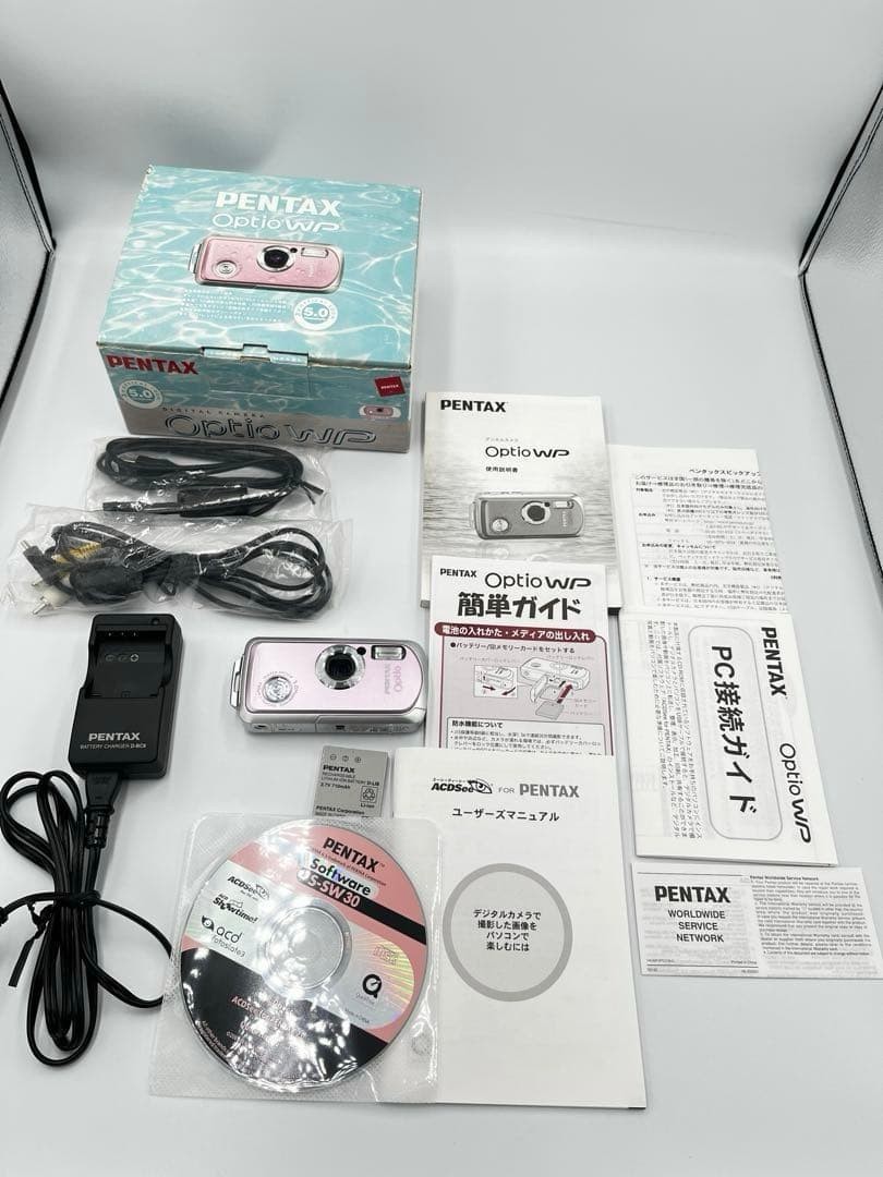 PENTAX Optio WP Waterproof Digital Camera Pink 5MP CCD Tested Complete Set