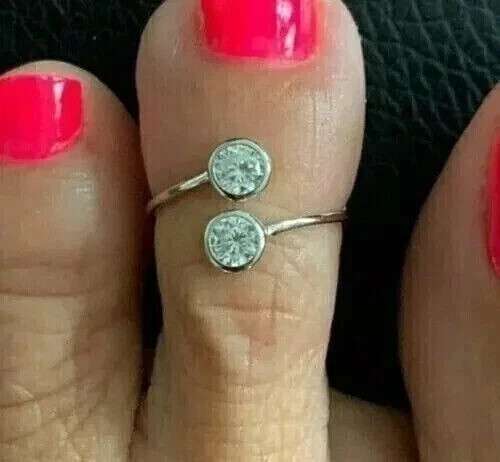 14K White Gold Plated Silver 1Ct Round Lab Created Diamond Adjustable Toe Ring