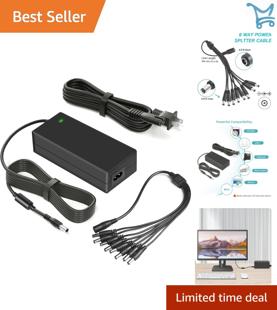 Security Camera Power Supply 12V 5A Adapter with 8-Way Splitter for CCTV Cameras