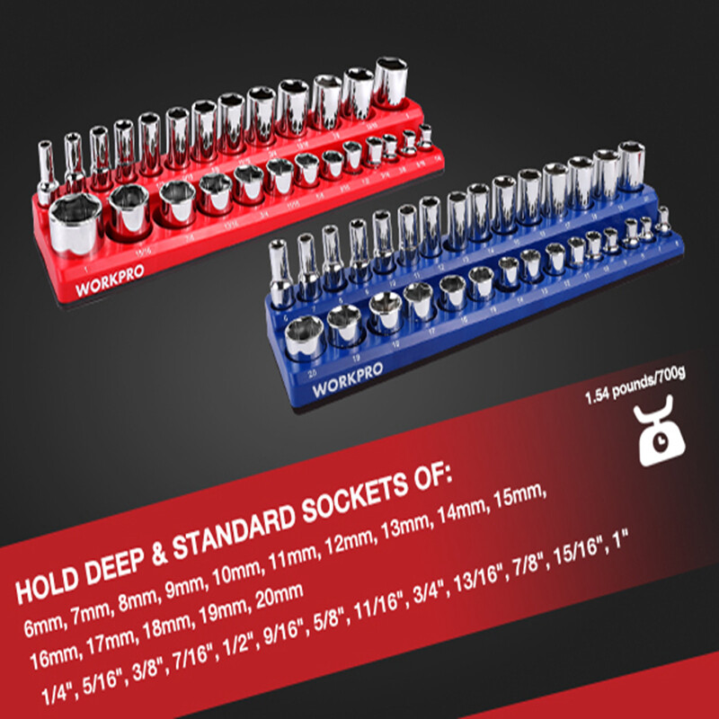 WORKPRO 2PC 3/8" Magnetic Socket Organizer Set SAE & Metric Socket Holders Carts