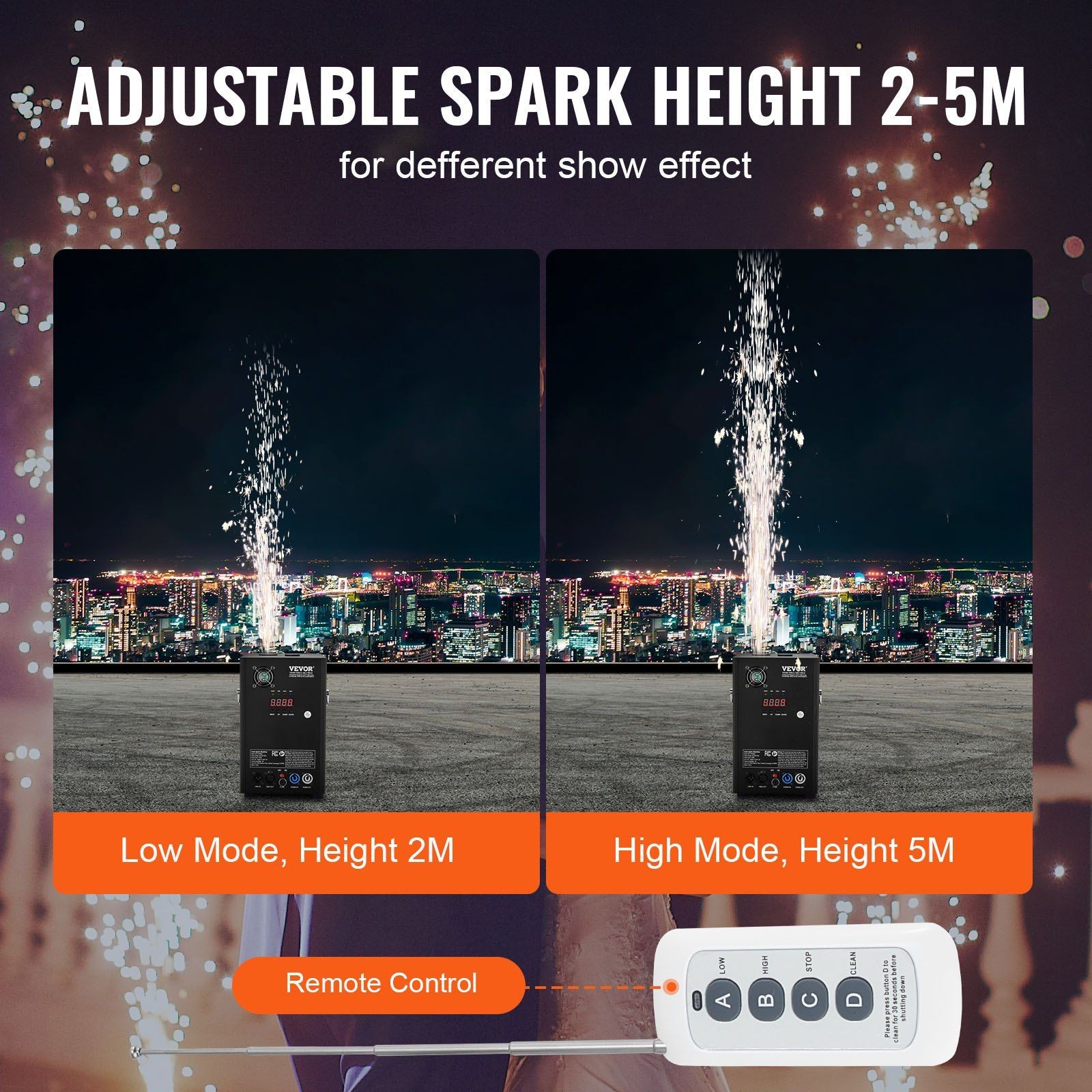 700W Cold Spark Launcher, Adjustable Height 6.6–16.4ft, DMX+LED Interface