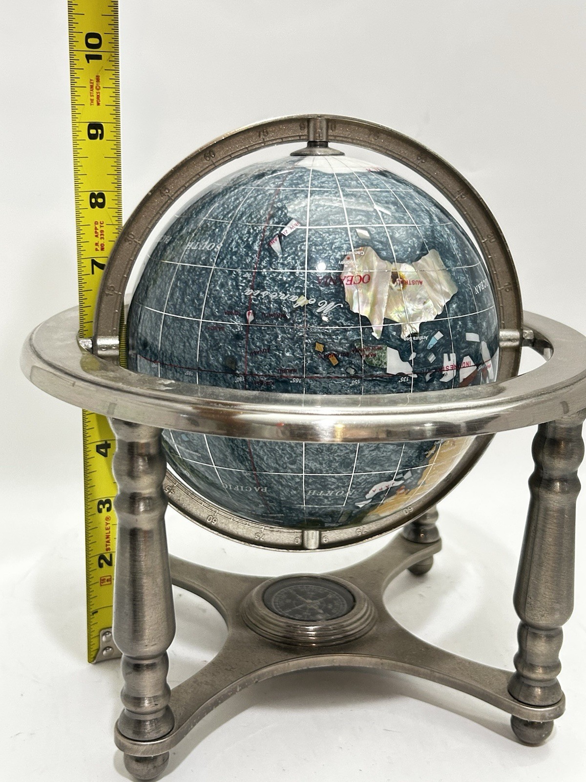Blue Table Top Gemstone World Globe Silver Tripod