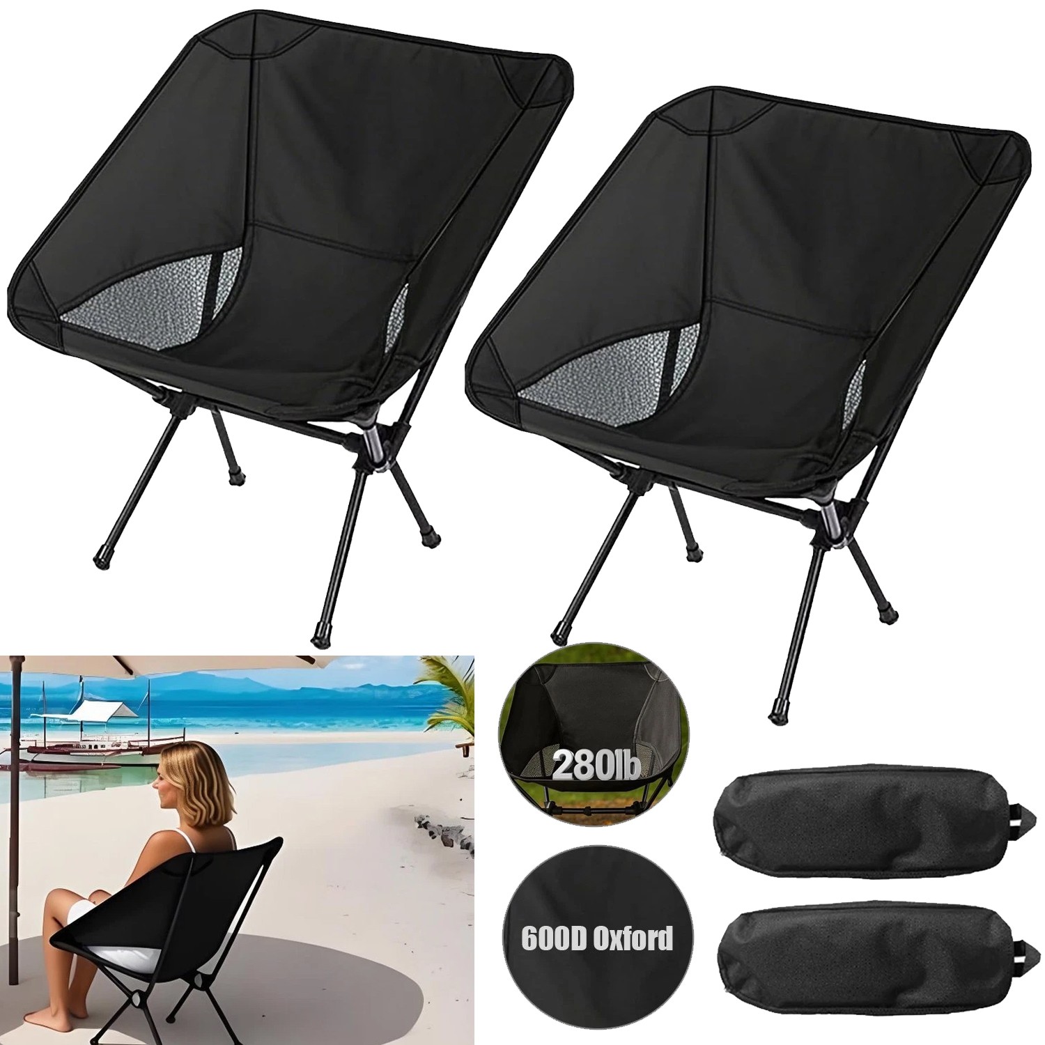 2Pack Collapsible Camp Chairs w/Carrying Bag Outdoor Chair Camping Hiking US