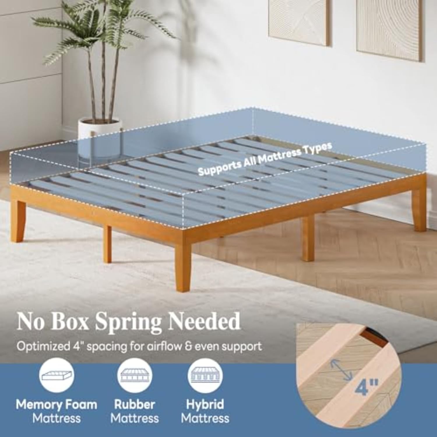 12-Inch Solid Wood Platform Bed | Wooden Slats No Box Spring Needed